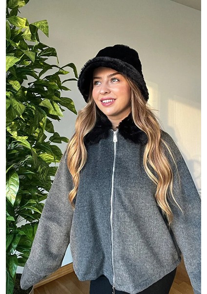 Yeni Sezon Kadın Kaşe Şık Mont Kaban Içi Astarlı Kürk Peluş Yaka Detaylı fırsatları