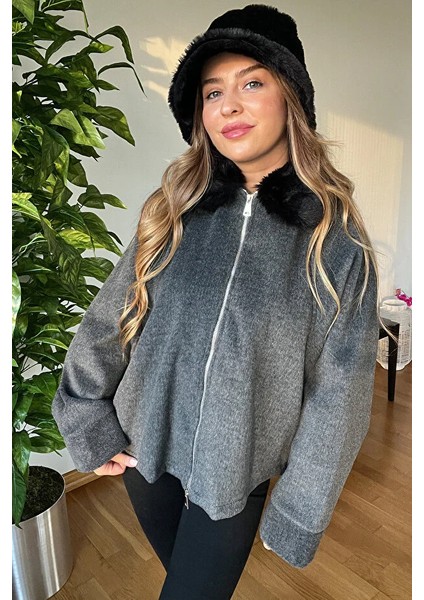 Yeni Sezon Kadın Kaşe Şık Mont Kaban Içi Astarlı Kürk Peluş Yaka Detaylı