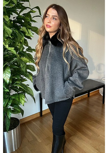Yeni Sezon Kadın Kaşe Şık Mont Kaban Içi Astarlı Kürk Peluş Yaka Detaylı