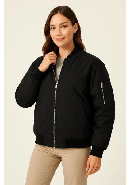 Kadın Bomber Mont Ceket – Fermuarlı, Kapitone Içi Astarlı, Su Itici Kumaş, Regular Fit, Günlük Bahar & Kış Şık Rahat Stil - Siyah indirimleri
