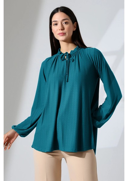 Elista Kadın Fırfır Bağcıklı Damla Yaka Büzgülü Penye Jakarlı Uzun Kollu Bluz & Tesettür Bluz - Petrol