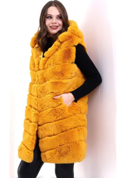 Kadın Kapşonlu Peluş Kürk Yelek Premium Kalite, Tam Astarlı, Uzun Model - Sarı