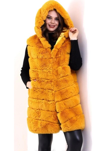 Kadın Kapşonlu Peluş Kürk Yelek Premium Kalite, Tam Astarlı, Uzun Model - Sarı