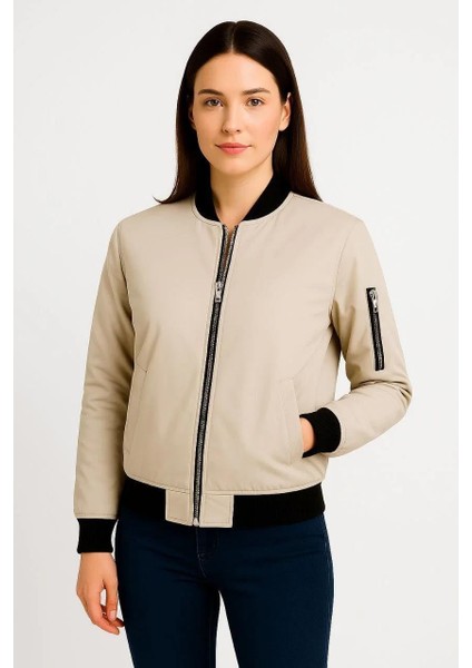Kadın Bomber Mont Ceket – Fermuarlı, Kapitone Içi Astarlı, Su Itici Kumaş, Regular Fit, Günlük Bahar & Kış Şık Rahat Stil - Bej modelleri