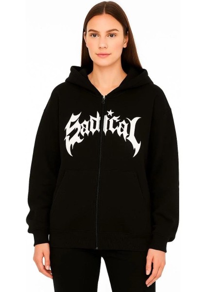 Kadın Oversize Kapüşonlu Hoodie 3 Iplik Şardonlu Pamuklu Kumaş, Önü Baskılı, Fermuarlı Rahat Kalıp, Kışlık ve Sokak Stili Sweat - Siyah