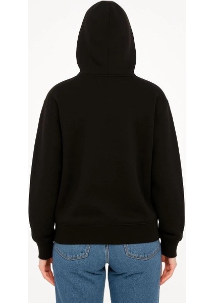 Kadın Oversize Kapüşonlu Hoodie 3 Iplik Şardonlu Pamuklu Kumaş, Önü Baskılı, Fermuarlı Rahat Kalıp, Kışlık ve Sokak Stili Sweat - Siyah modelleri