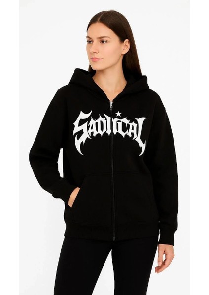 Kadın Oversize Kapüşonlu Hoodie 3 Iplik Şardonlu Pamuklu Kumaş, Önü Baskılı, Fermuarlı Rahat Kalıp, Kışlık ve Sokak Stili Sweat - Siyah fırsatları