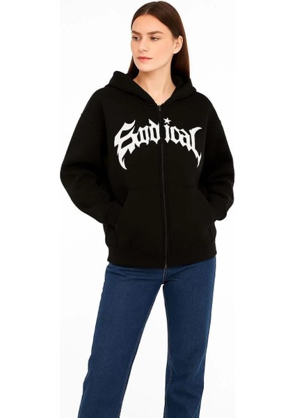 Kadın Oversize Kapüşonlu Hoodie 3 Iplik Şardonlu Pamuklu Kumaş, Önü Baskılı, Fermuarlı Rahat Kalıp, Kışlık ve Sokak Stili Sweat - Siyah