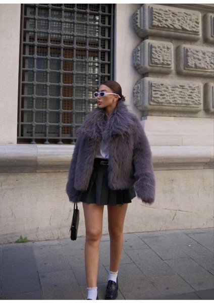 Salaş Sakallı Yumuşak Dokulu Yakalı Cepli Suni Kürk - Füme fırsatları