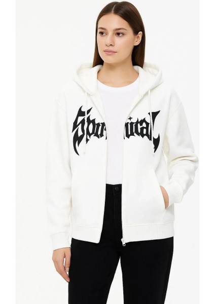 Kadın Oversize Sweatshirt Hoodie 3 Iplik Şardonlu Pamuklu Kumaş, Önü Baskılı, Fermuarlı Rahat Kalıp, Kışlık ve Sokak Stili Sweat - Beyaz modelleri