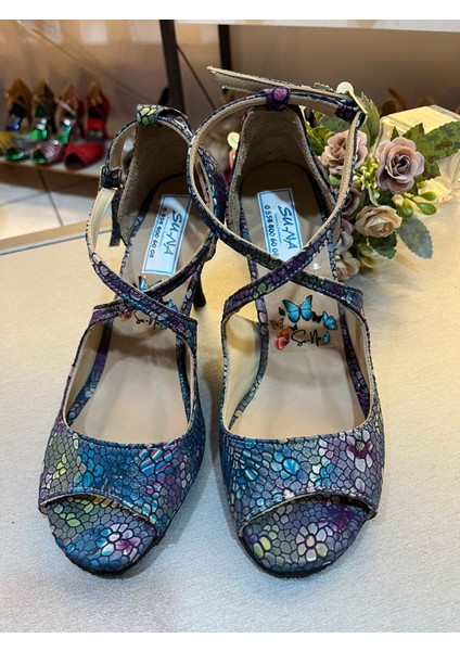 Mor/mavi Çapraz Bantlı Yılan Derisi Desenli 8,5 cm 13 Pont Topuk Boyu Tango, Dans ve Salonayakabısı indirimleri