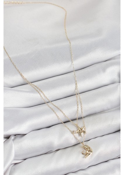 Bfs Pirinç Zirkon Taşlı Yıldız ve Ay Model Gold Renk Kadın Kolye fiyatları