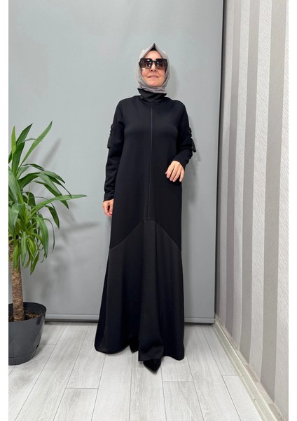 Dik Yaka Kollar Aksesuarlı Elbise Siyah 56MK5101