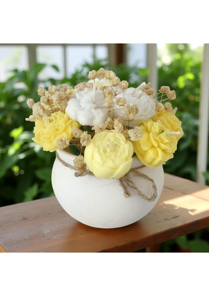 Sarı & Beyaz Çiçekli Kokulu Vazo Mum – %100 Soya Wax – El Yapımı Dekoratif Mum