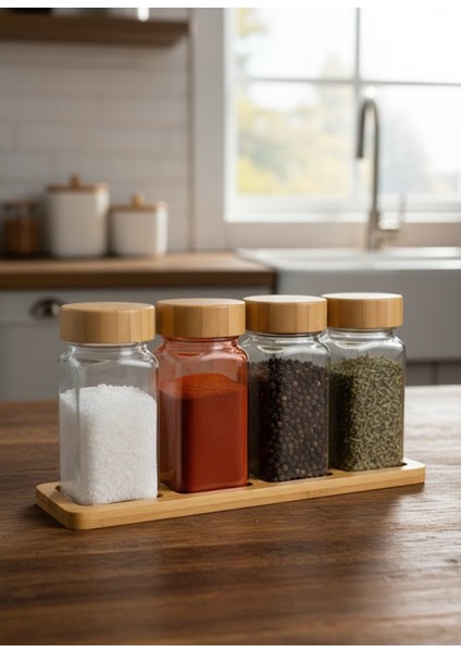 Kare Cam Baharatlık Seti 4'lü Bambu Kapaklı ve Standlı Tuzluk & Baharatlık Takımı