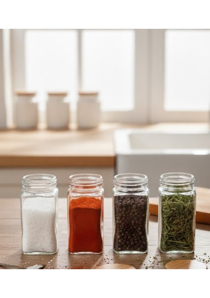 Kare Cam Baharatlık Seti 4'lü Bambu Kapaklı ve Standlı Tuzluk & Baharatlık Takımı modelleri