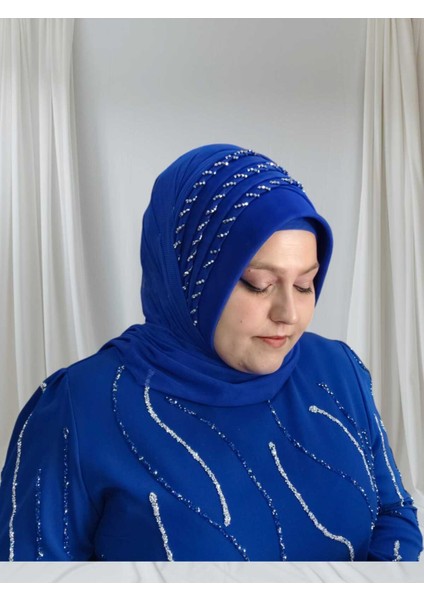 Saks Mavisi Işlemeli Hazır Şal Hazır Türban Abiye Şal