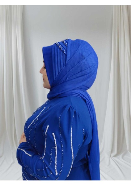 Saks Mavisi Işlemeli Hazır Şal Hazır Türban Abiye Şal fiyatları