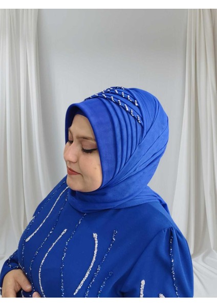 Saks Mavisi Işlemeli Hazır Şal Hazır Türban Abiye Şal modelleri