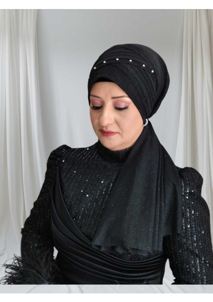 Siyah Duvaklı Taş Detaylı Hazır Türban Abiye Şal Hazır Şal