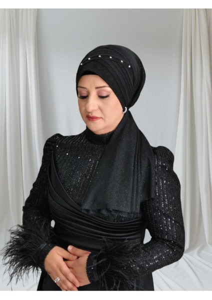 Siyah Duvaklı Taş Detaylı Hazır Türban Abiye Şal Hazır Şal fiyatları