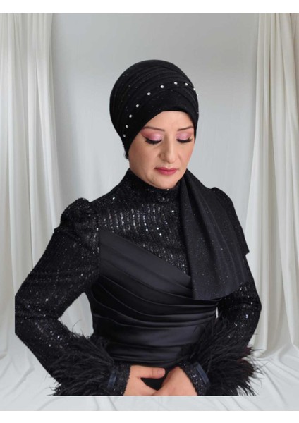 Siyah Duvaklı Taş Detaylı Hazır Türban Abiye Şal Hazır Şal modelleri