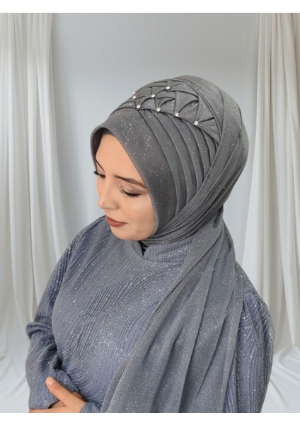 Antrasit Koyu Gri Zümra Model Hazır Duvak Hazır Şal Hazır Türban