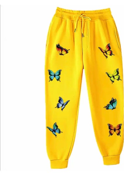 Özel Tasarım Renkli Kelebekler Baskılı %100 Pamuk 3 Iplik Kışlık Kız Çocuk Eşofman Takımı