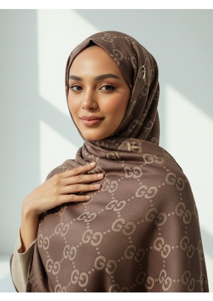 G Desen Kahverengi Bej Tok Duruşlu Çift Taraflı Jakar Şal