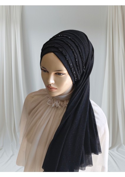 Rana Model Siyah Simli Ay Duvaklı 3 Sıra Işlemeli Hazır Duvak Hazır Şal Hazır Türban