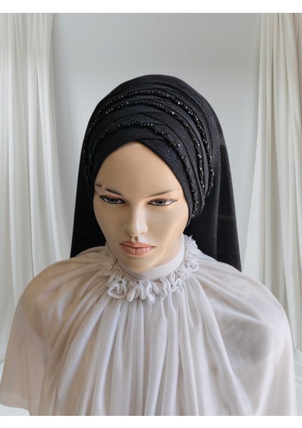 Rana Model Siyah Simli Ay Duvaklı 3 Sıra Işlemeli Hazır Duvak Hazır Şal Hazır Türban fiyatları
