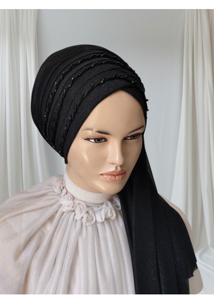 Rana Model Siyah Simli Ay Duvaklı 3 Sıra Işlemeli Hazır Duvak Hazır Şal Hazır Türban fırsatları