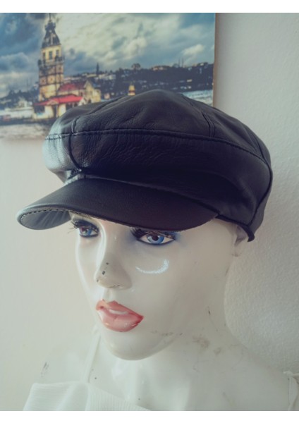 Unisex Hakiki Deri Siyah Kasket Klasik Kasket Lastikli Şapka