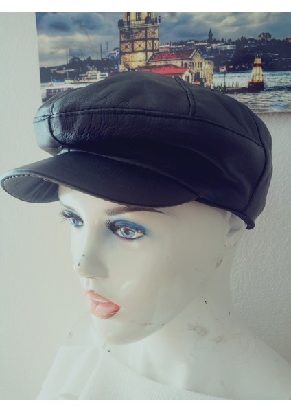 Unisex Hakiki Deri Siyah Kasket Klasik Kasket Lastikli Şapka fiyatları