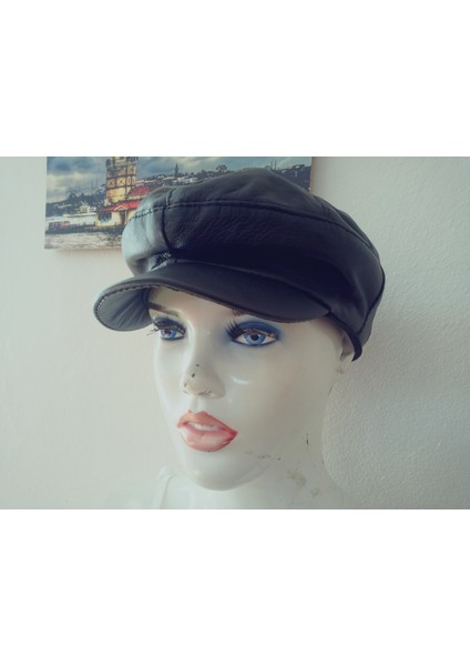 Unisex Hakiki Deri Siyah Kasket Klasik Kasket Lastikli Şapka fırsatları