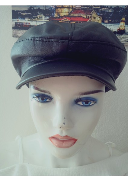 Unisex Hakiki Deri Siyah Kasket Klasik Kasket Lastikli Şapka
