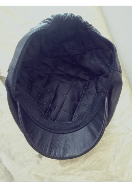 Unisex Hakiki Deri Siyah Kasket Klasik Kasket Lastikli Şapka