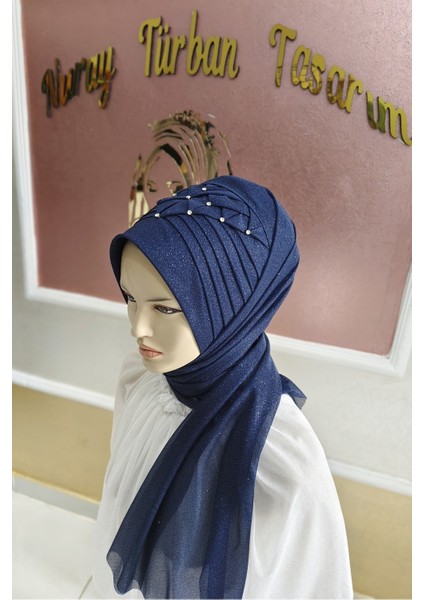 Aksesuarlı Lacivert Hazır Türban Hazır Şal Eşarp
