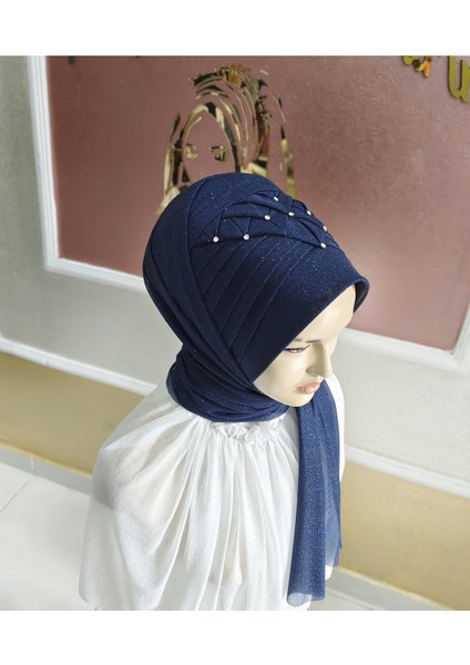 Aksesuarlı Lacivert Hazır Türban Hazır Şal Eşarp fiyatları