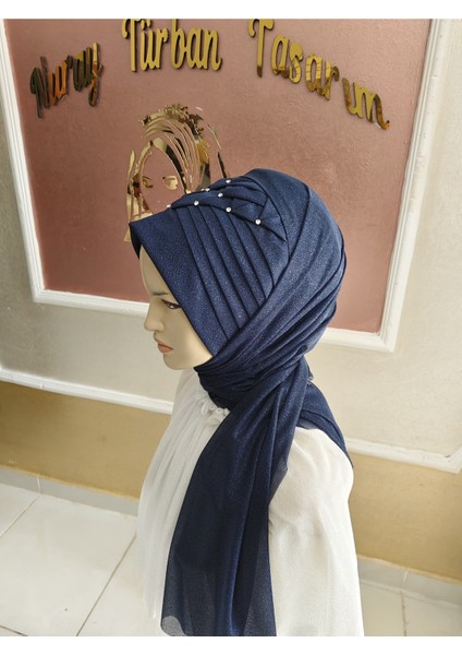 Aksesuarlı Lacivert Hazır Türban Hazır Şal Eşarp modelleri