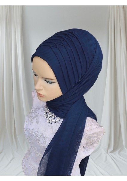 Koyu Lacivert Esnek Kumaş Hazır Duvak Hazır Şal Hazır Türban