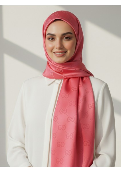 Kadın Canlı Pembe G Desenli Ipeksi Saten Jakar Şal