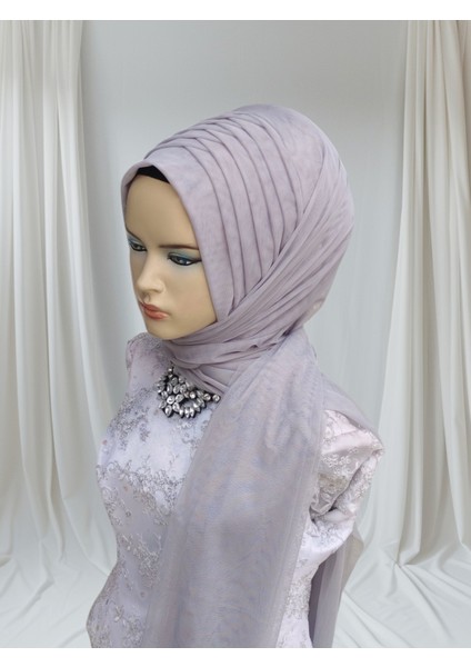 Açık Gri Esnek Kumaş Tektek Hazır Duvak Hazır Şal Hazır Türban