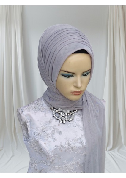 Açık Gri Esnek Kumaş Tektek Hazır Duvak Hazır Şal Hazır Türban modelleri