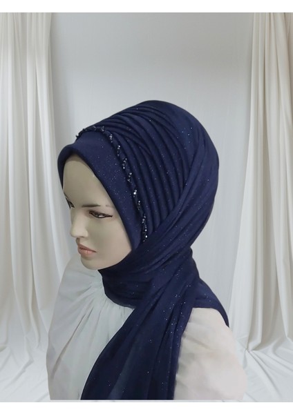 Simli Lacivert Işlemeli Hazır Türban Hazır Şal Abiye Şal