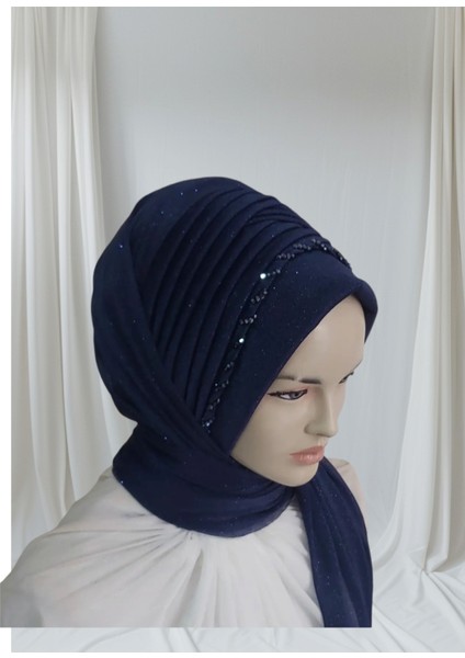 Simli Lacivert Işlemeli Hazır Türban Hazır Şal Abiye Şal fiyatları