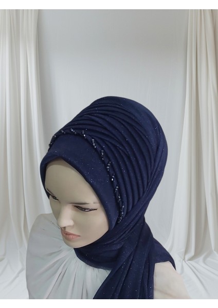 Simli Lacivert Işlemeli Hazır Türban Hazır Şal Abiye Şal modelleri