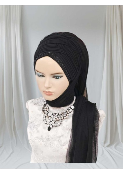 Siyah Duvaklı Hazır Türban Hazır Şal Payetli