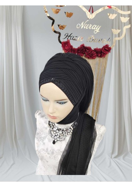 Siyah Duvaklı Hazır Türban Hazır Şal Payetli fiyatları