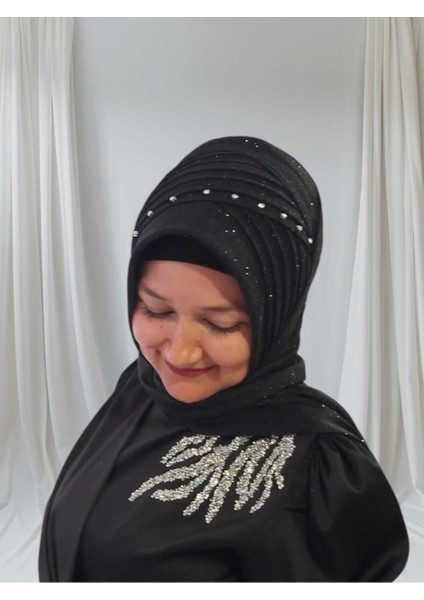 Siyah Simli Kumaş Taş Detaylı Hazır Şal Abiye Şal Hazır Türban